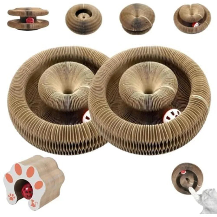 Foldable accordion cat scratcher with ball, double spiral circular design