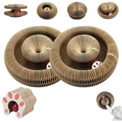 Foldable accordion cat scratcher with ball, double spiral circular design