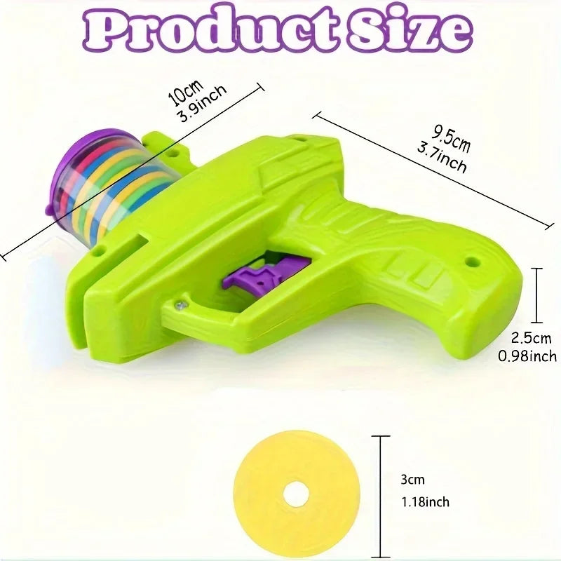 Green disc launcher toy with purple disc holder and included yellow soft disc
