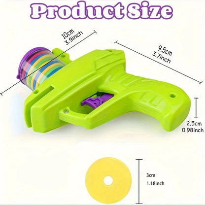 Green disc launcher toy with purple disc holder and included yellow soft disc