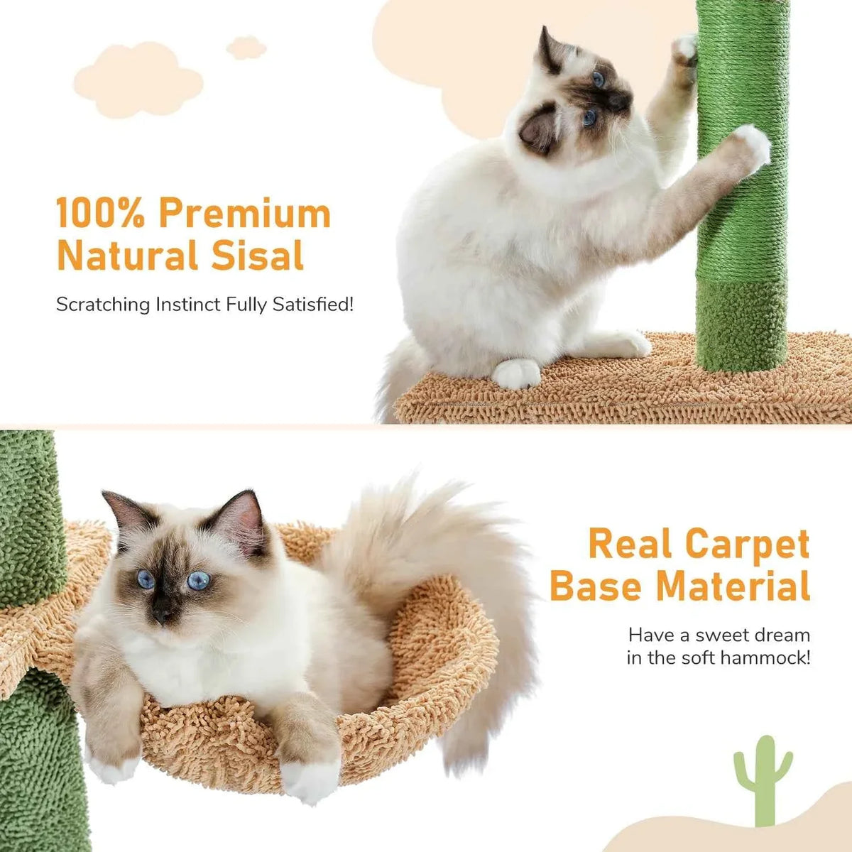 Cat tree featuring carpet hammock base and scratching post with two resting cats