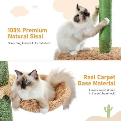 Cat tree featuring carpet hammock base and scratching post with two resting cats