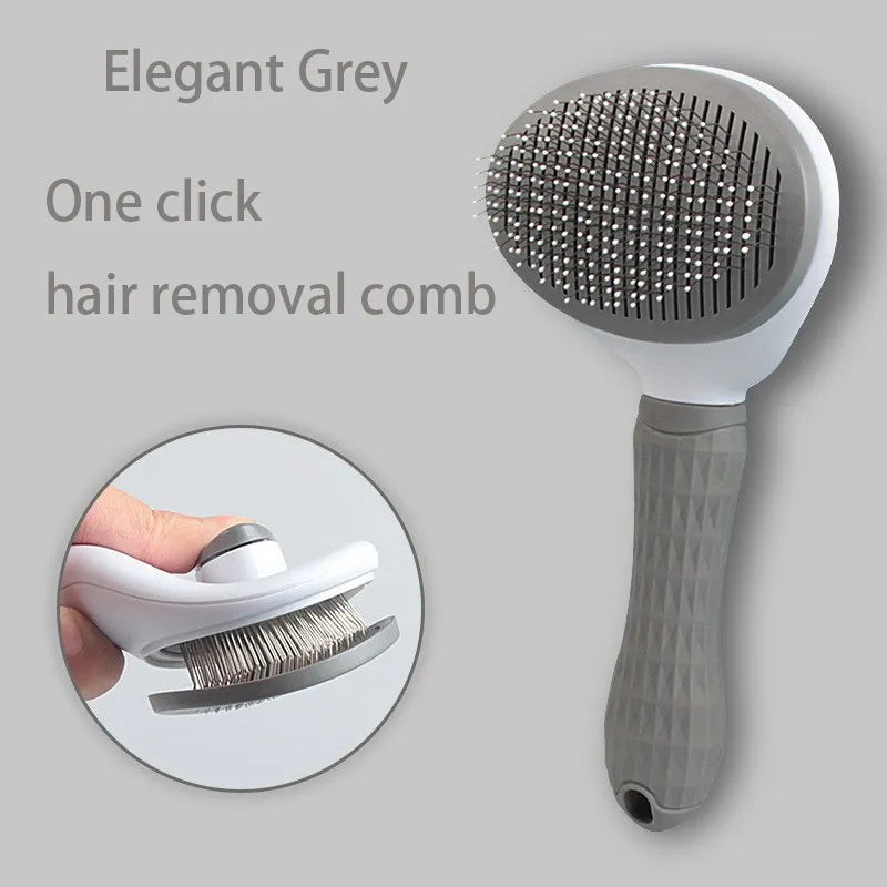 Gray pet hair removal comb brush with rounded needle pad and non-slip grip handle