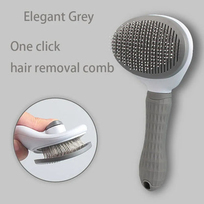 Gray pet hair removal comb brush with rounded needle pad and non-slip grip handle