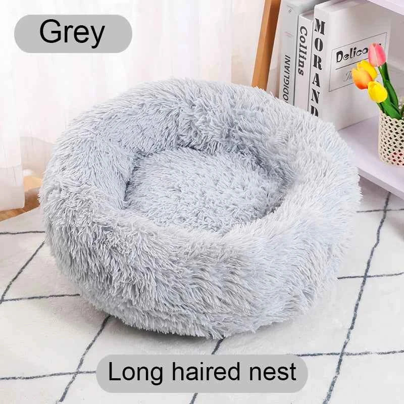 Grey round donut pet bed with long-hair plush shag outer and inner nest