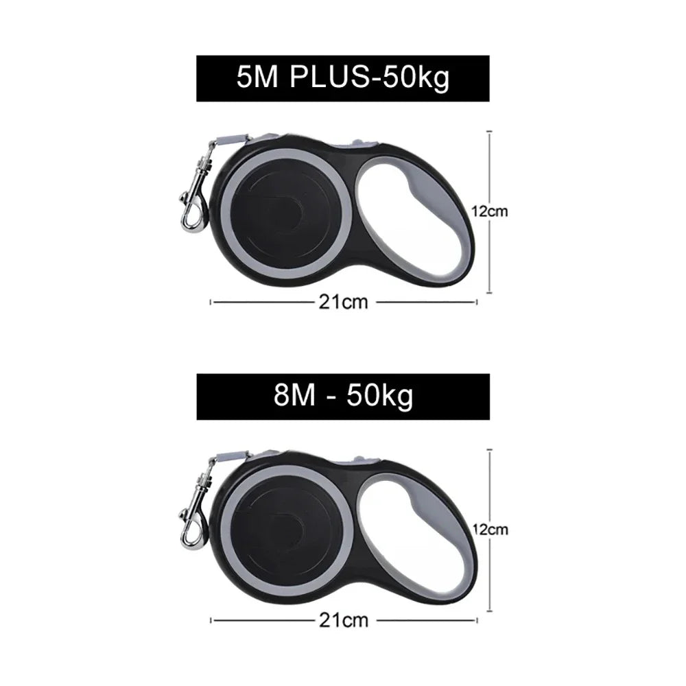 Retractable dog leash size diagram with 5 m and 8 m length options