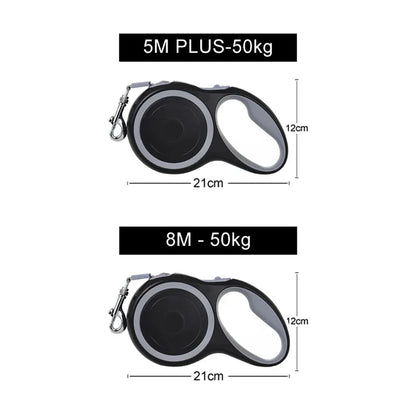Retractable dog leash size diagram with 5 m and 8 m length options