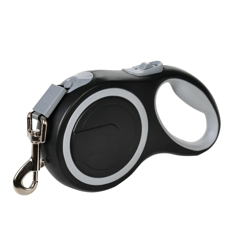 Retractable dog leash with black body, light gray strap, and chrome carabiner