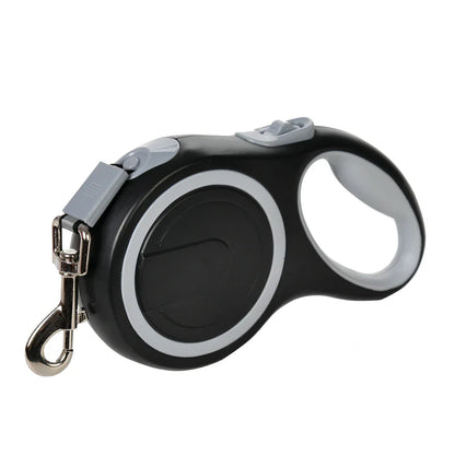 Retractable dog leash with black body, light gray strap, and chrome carabiner