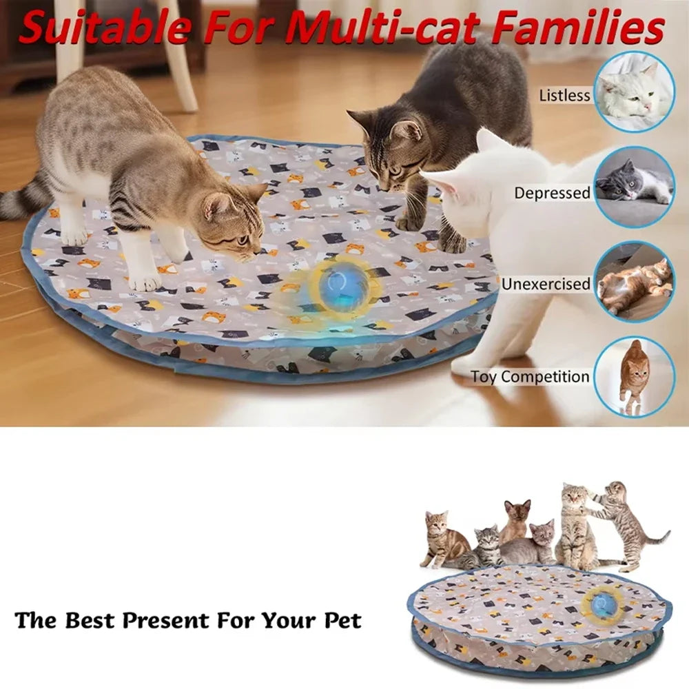 Multi-cat interactive play mat with rolling balls and small transparent pouch