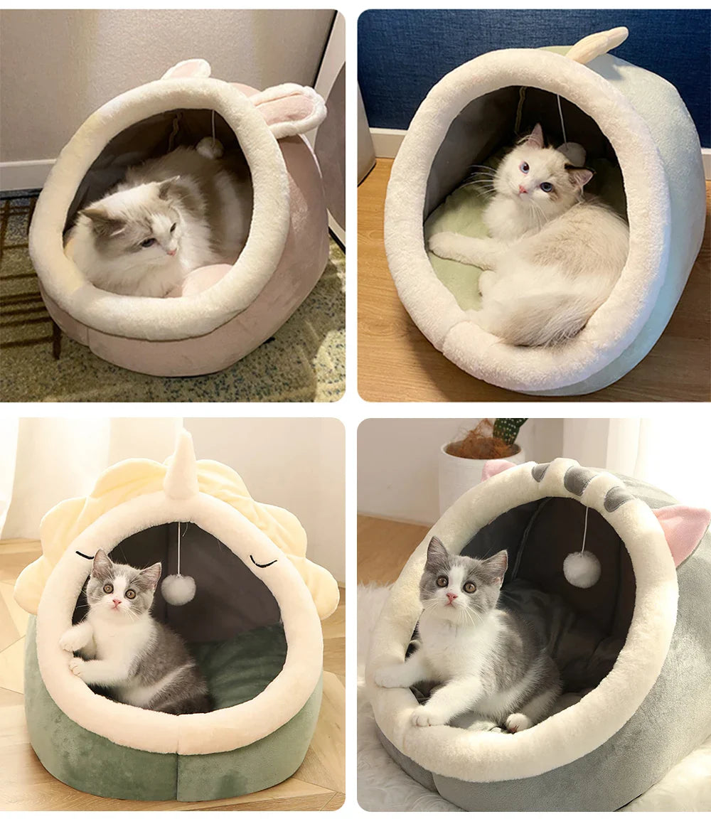 Collage of plush cat cave beds in multiple colors with cat-ear hood and hanging ball
