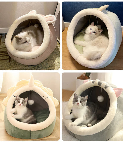 Collage of plush cat cave beds in multiple colors with cat-ear hood and hanging ball