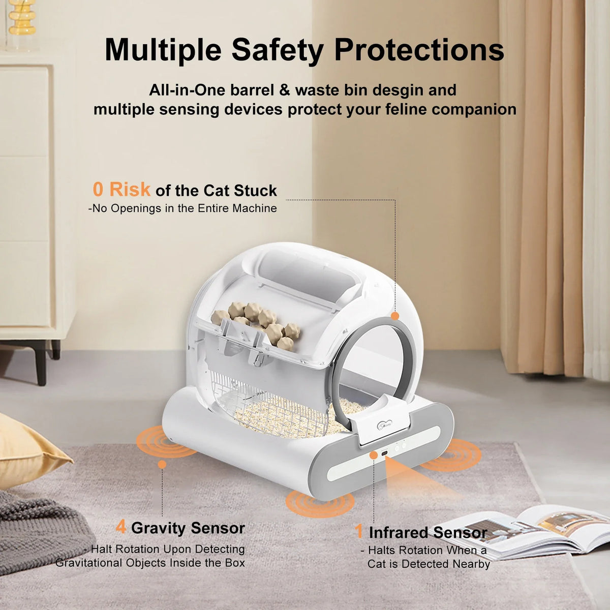 Automatic cat litter box with open hood, litter tray, and infrared sensor design