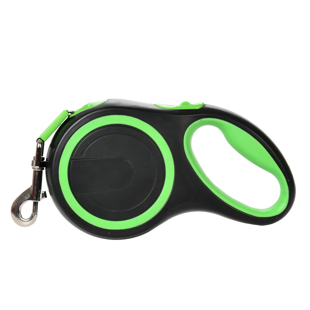 Black retractable dog leash with green oval handle and metal clip