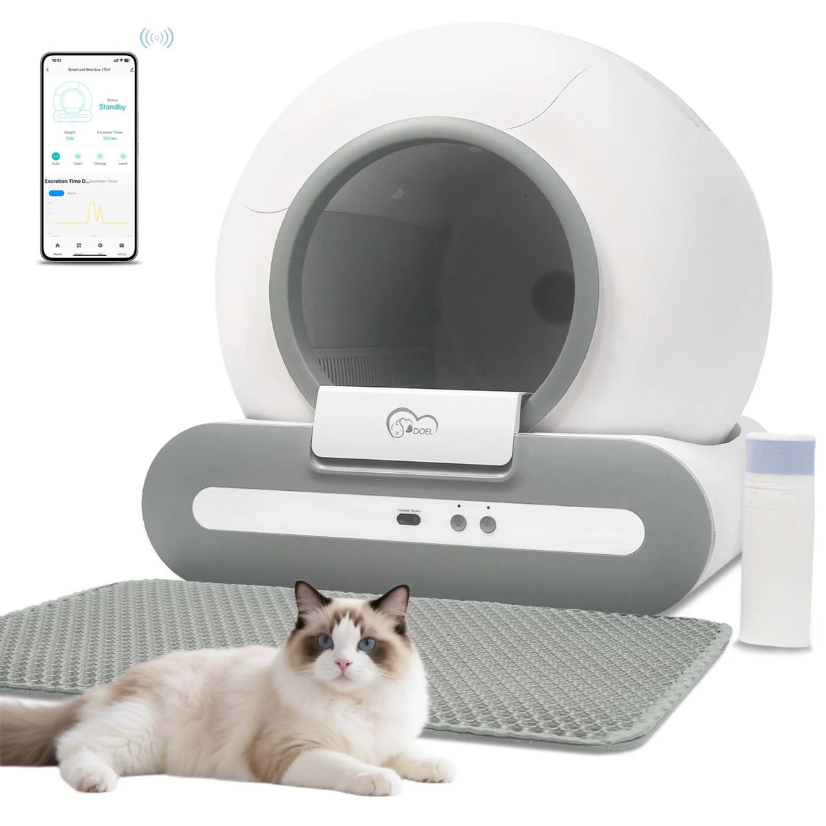 White and gray automatic self-cleaning cat litter box with app control and resting cat