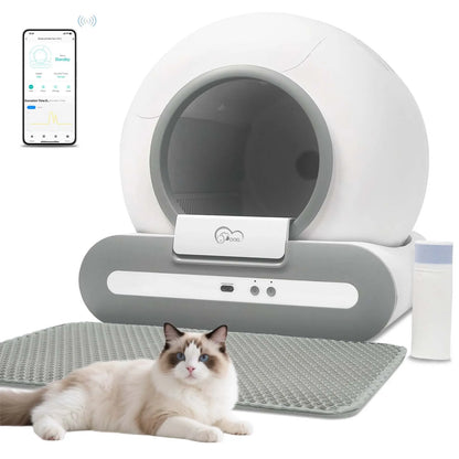 White and gray automatic self-cleaning cat litter box with app control and resting cat