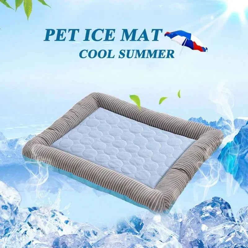 Cooling pet mat with light blue dotted pad and gray-striped raised edges.