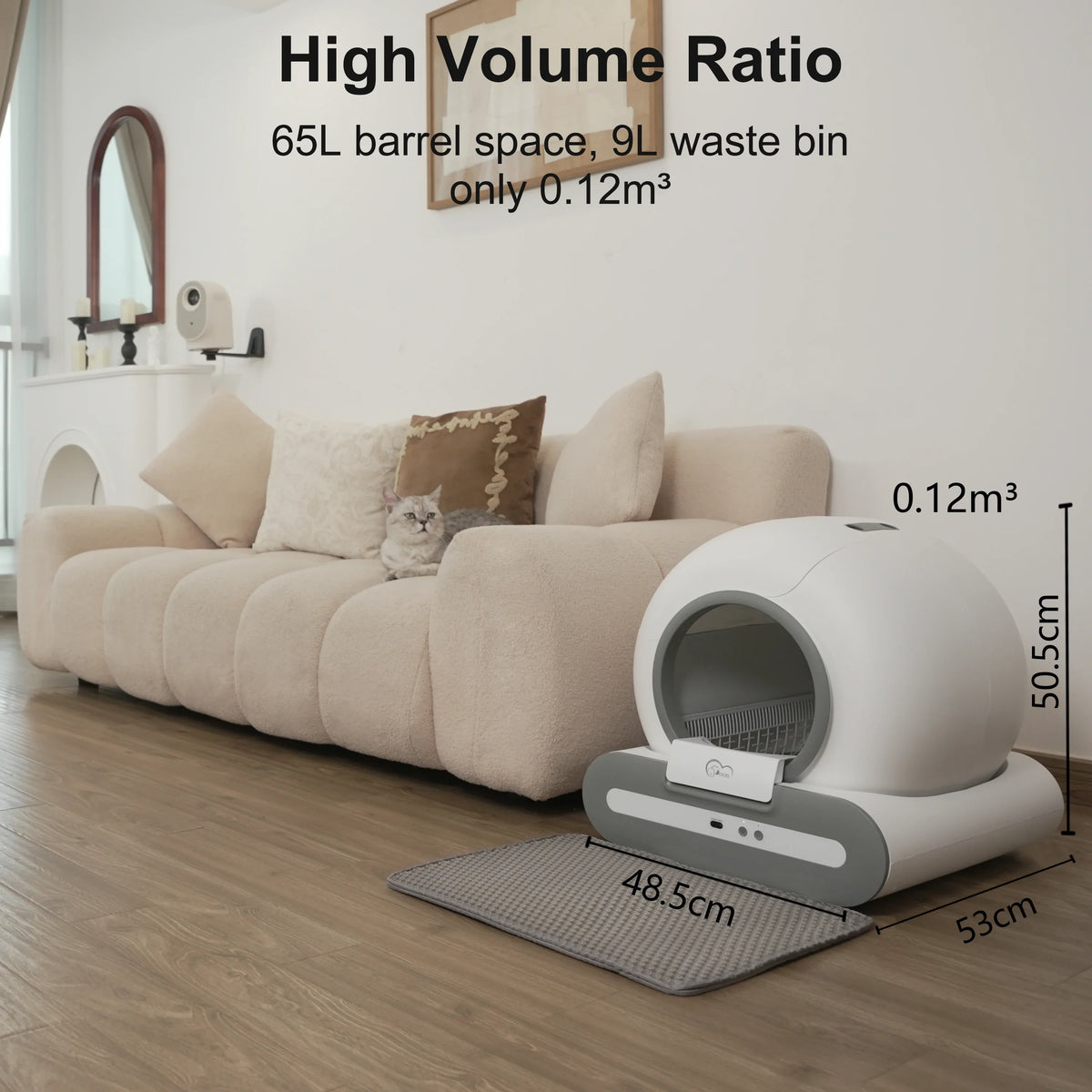 Automatic cat litter box with large capacity hood and gray litter mat