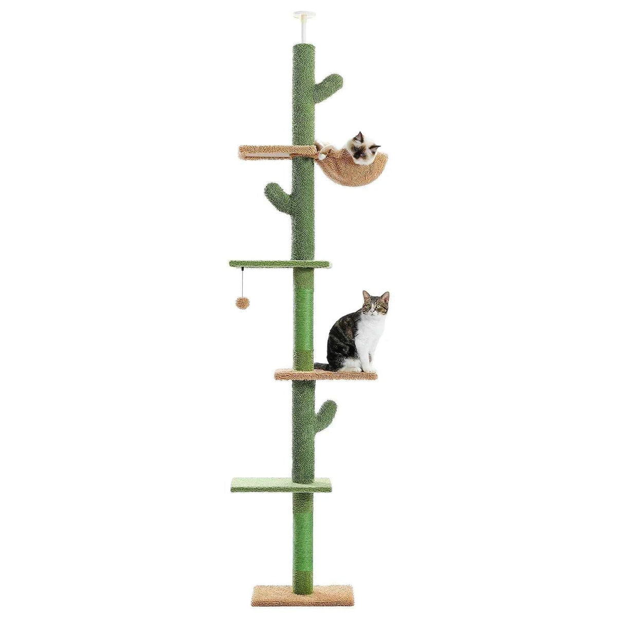 Cactus-shaped cat tree tower with two cats perched on different levels