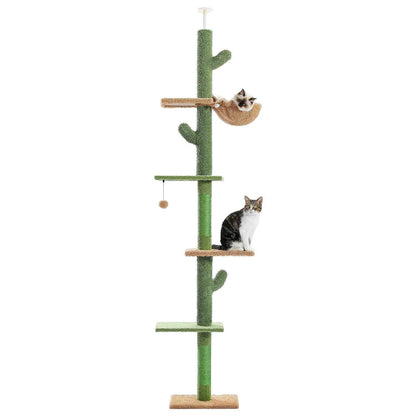 Cactus-shaped cat tree tower with two cats perched on different levels