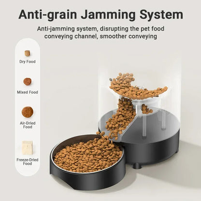 Anti-grain jamming pet feeder dispensing dry, mixed, air-dried, and freeze-dried food smoothly for dogs and cats