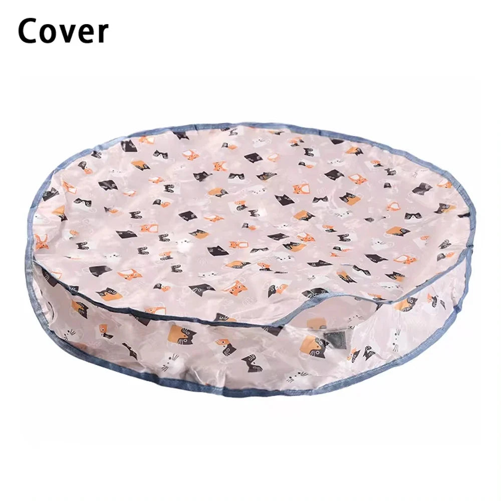 Cat interactive play mat cover with patterned top and blue edge trim