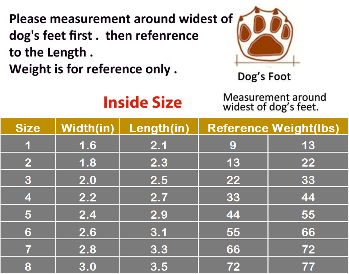 Dog boot size chart with width, length, and reference weight table