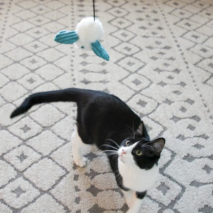 Plush dust bunny cat toy, white with teal accents, 3-pack