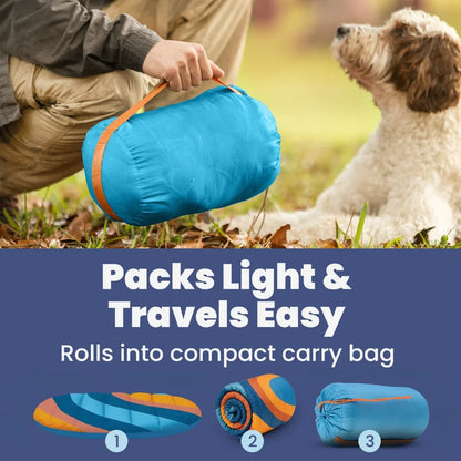 Teal striped foldable dog bed with carry handle, shown with compact rolled bag