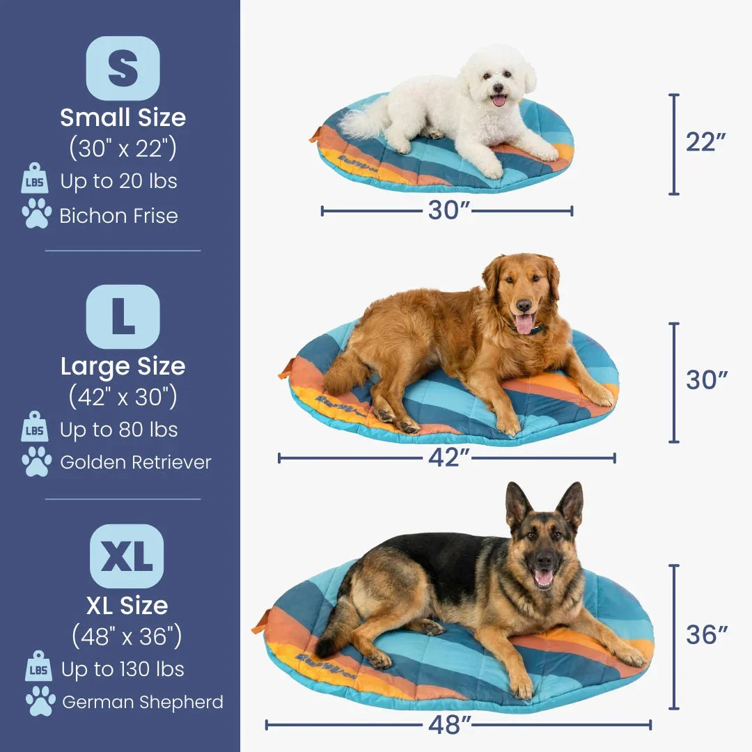 Travel dog bed size guide showing small, large, and XL fit options