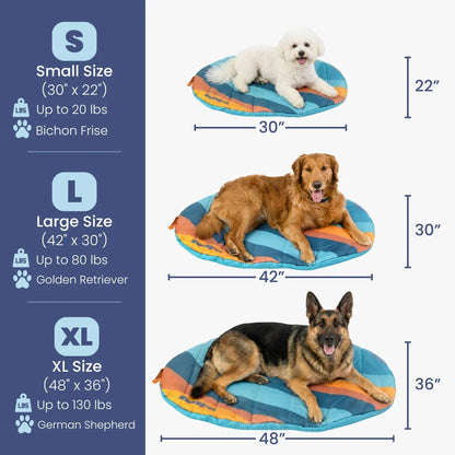 Travel dog bed size guide showing small, large, and XL fit options