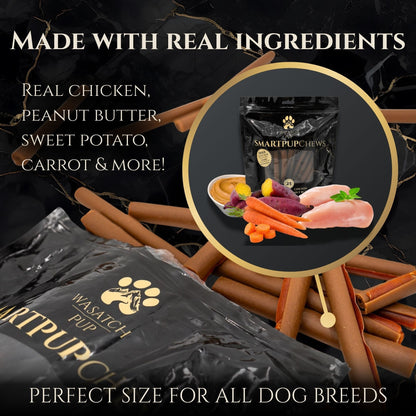 Dog chew treats pouch with brown chew sticks and ingredient-style circle