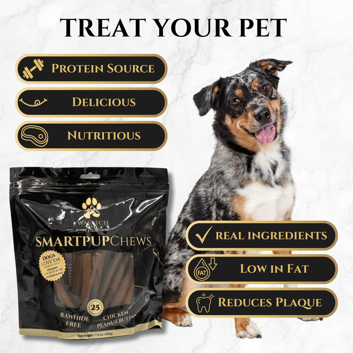 Dog with SmartpupChews pouch and brown chew sticks, promotional layout