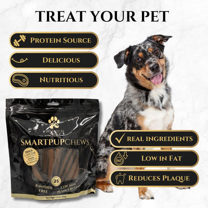 Dog with SmartpupChews pouch and brown chew sticks, promotional layout
