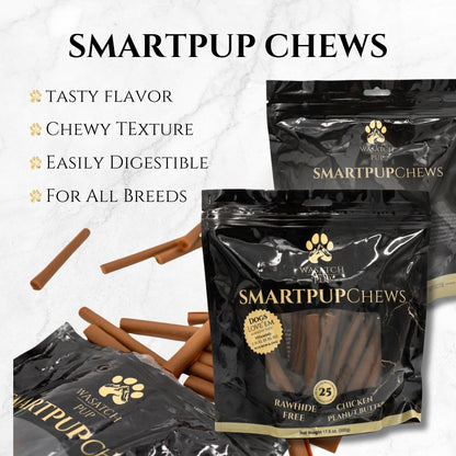 SmartpupChews pouch with brown chew sticks arranged beside it