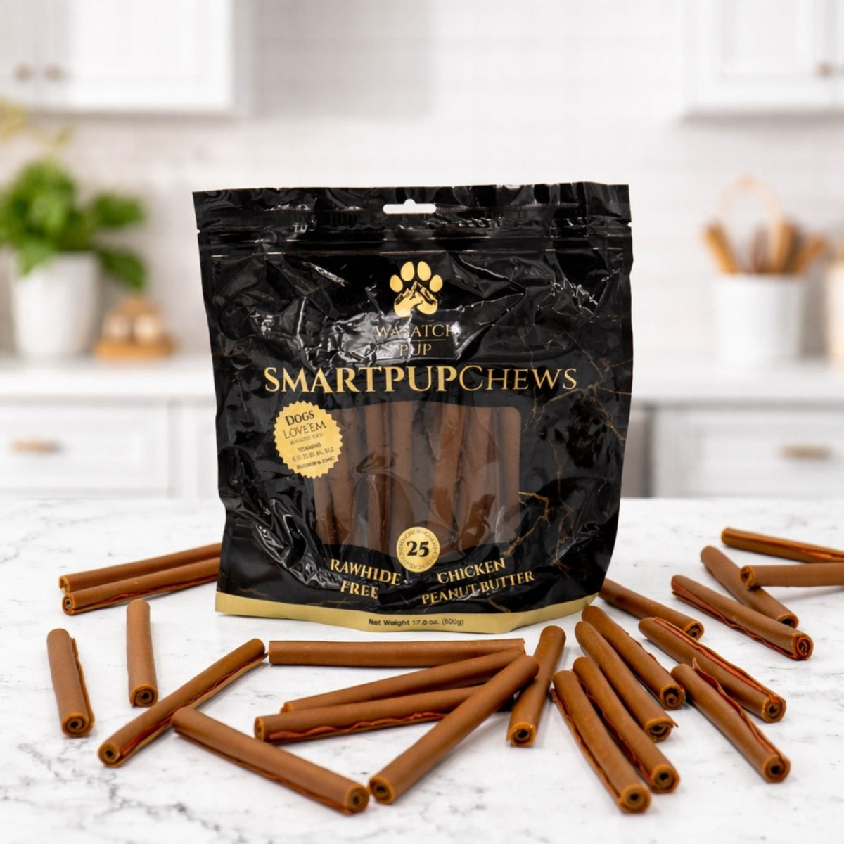 Dog chew treats pouch with wrapped brown chew sticks on tabletop