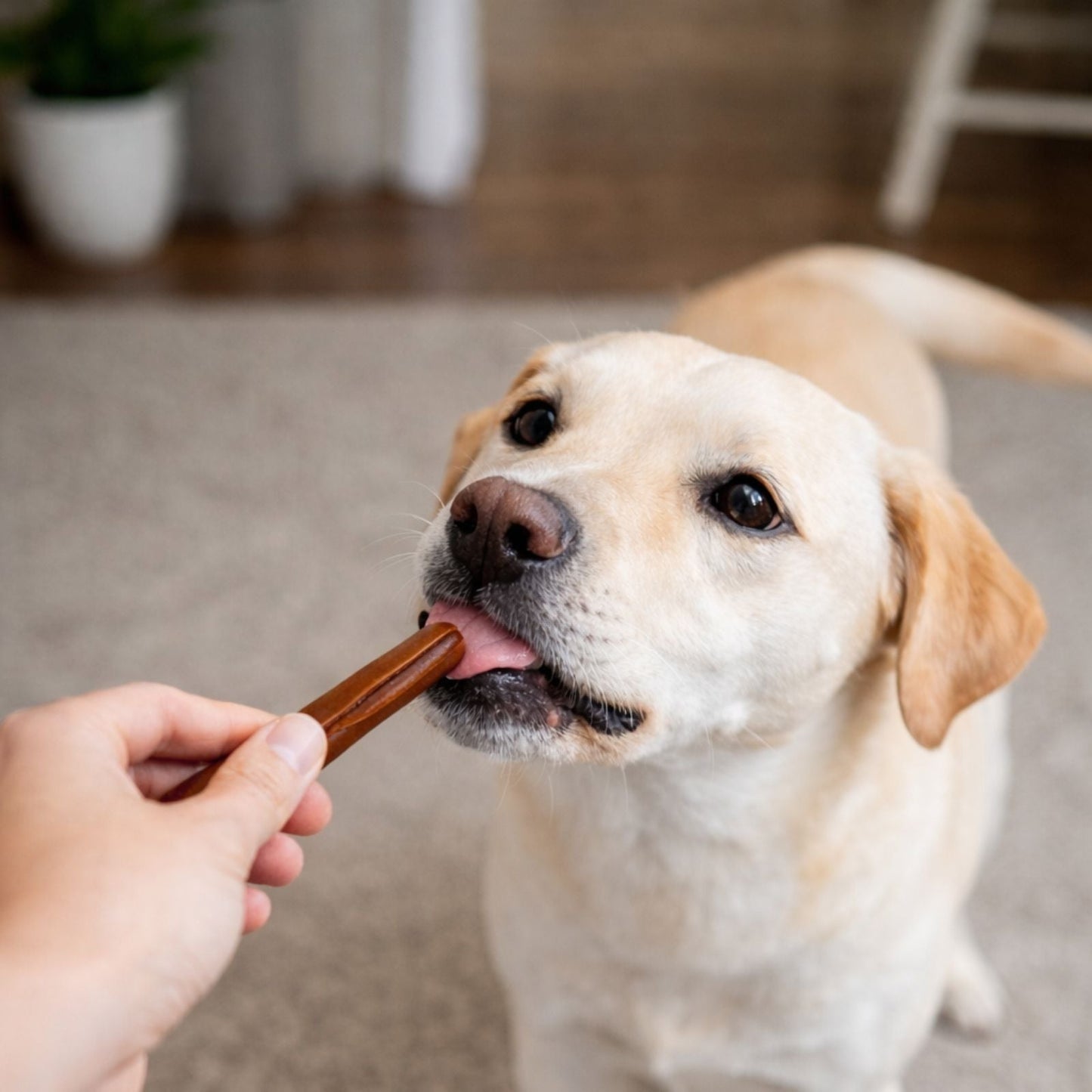 White dog tasting a brown chew stick offered by a hand