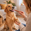 Golden dog chewing a brown chew stick held by a person