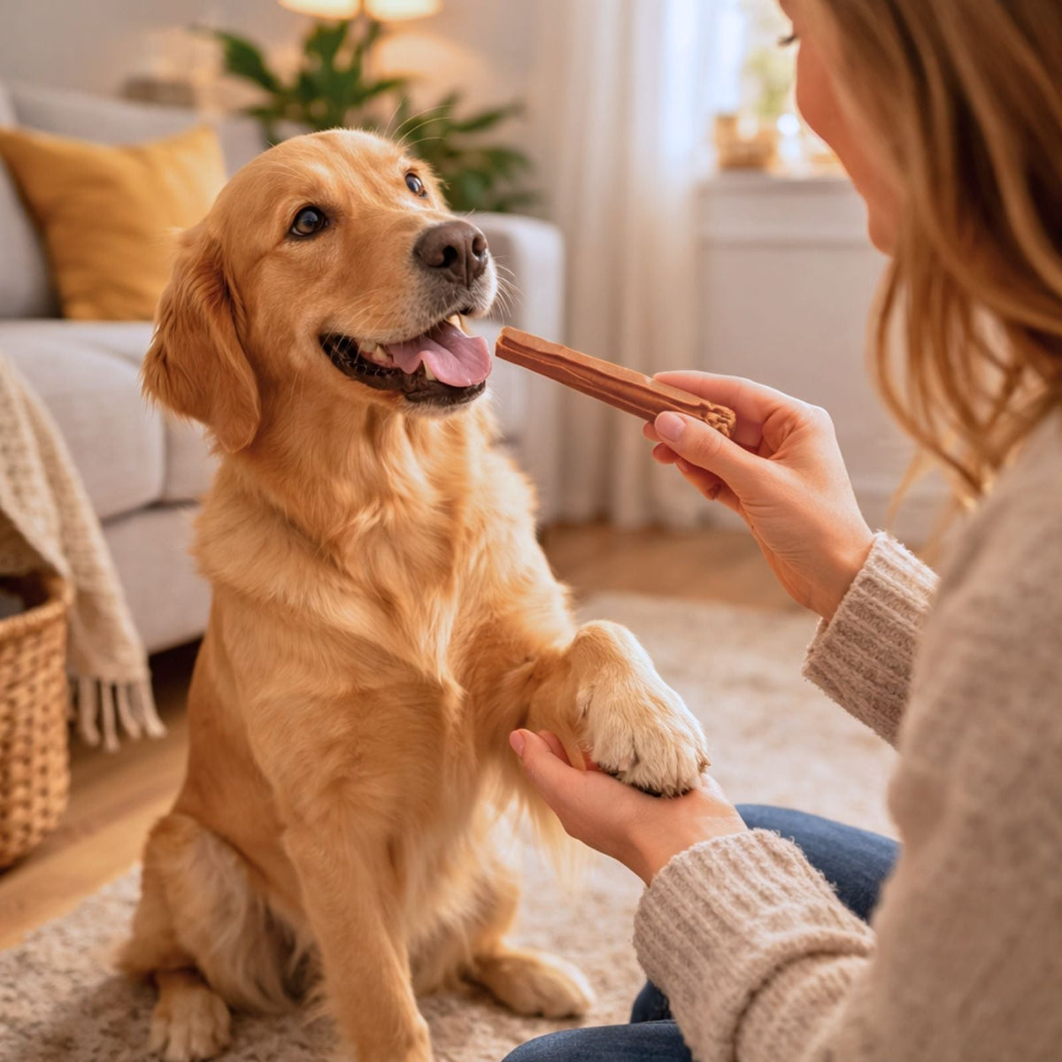 Golden dog chewing a brown chew stick held by a person
