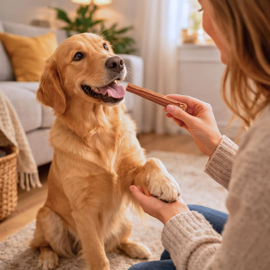 Golden dog chewing a brown chew stick held by a person