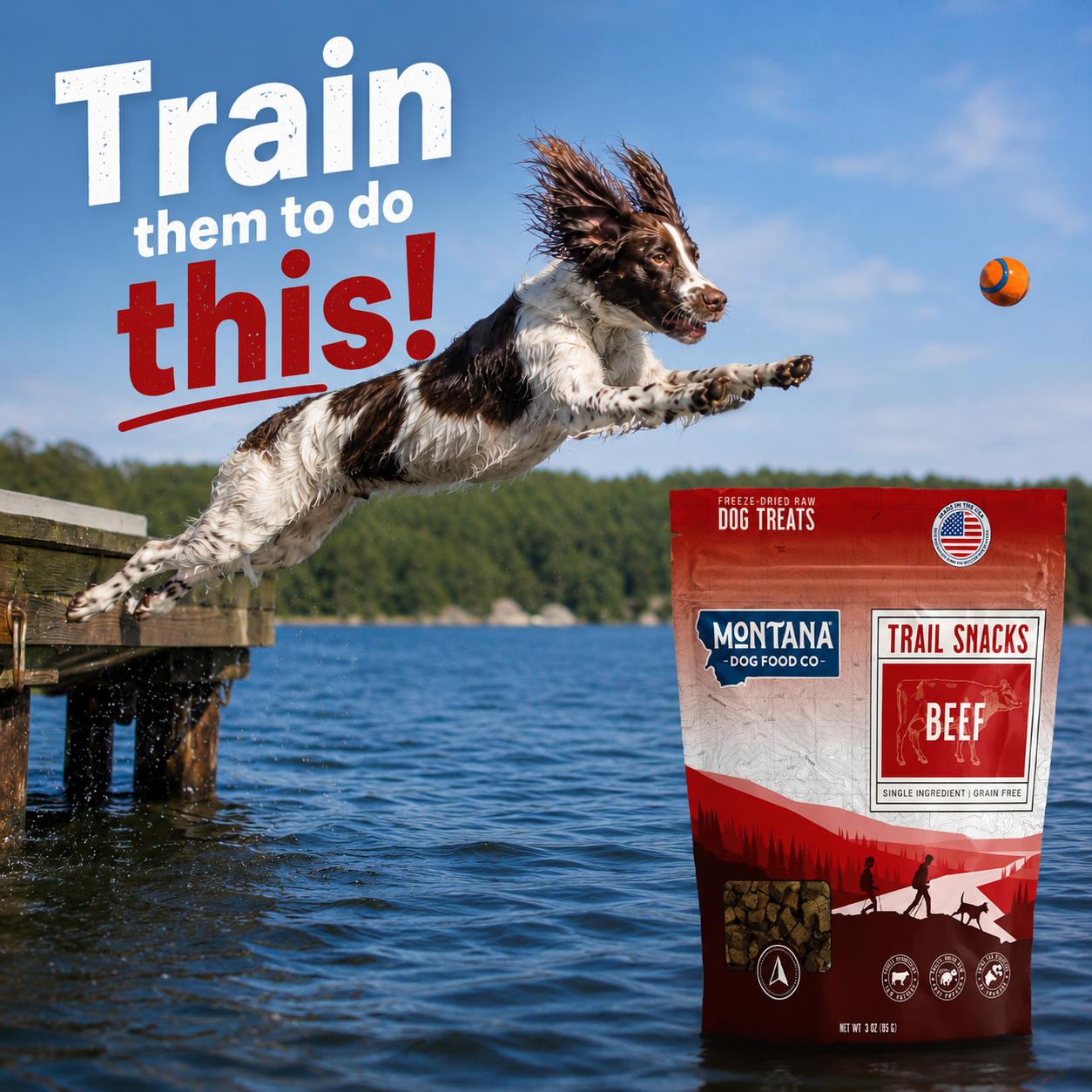 Montana Dog Food freeze-dried beef trail snack bag, red and white packaging