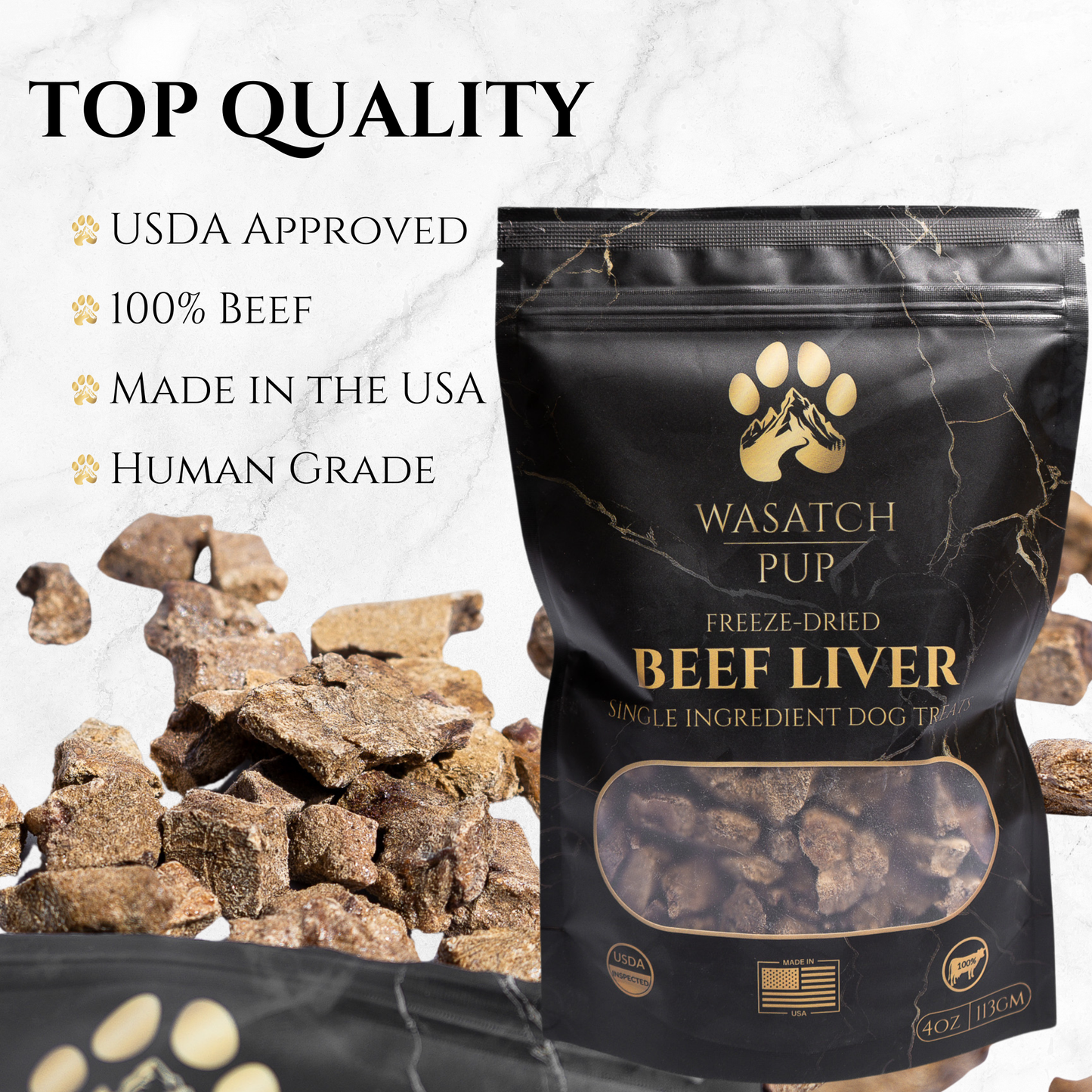 Freeze-dried beef liver dog treats pouch with beef liver pieces in front