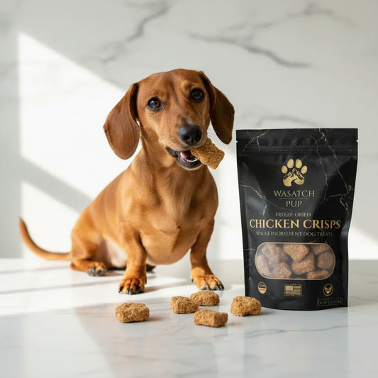 Freeze-dried chicken crisps dog treats, black Wasatch Pup pouch with chicken snack pieces