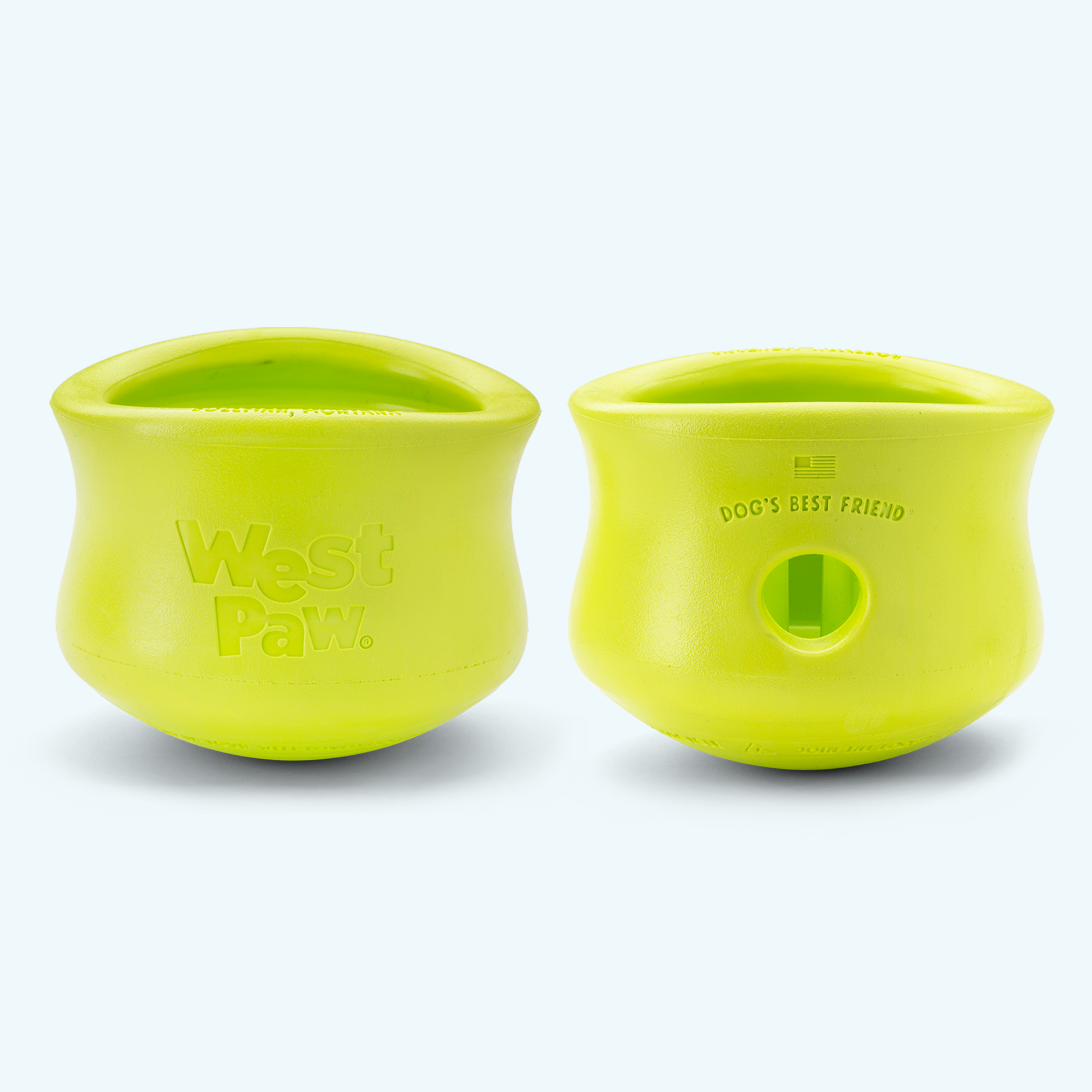 Yellow silicone treat dispenser with West Paw logo and circular hole opening