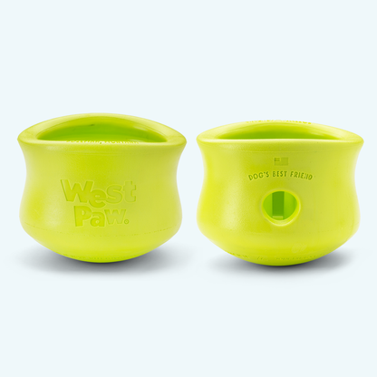 Yellow silicone treat dispenser with West Paw logo and circular hole opening