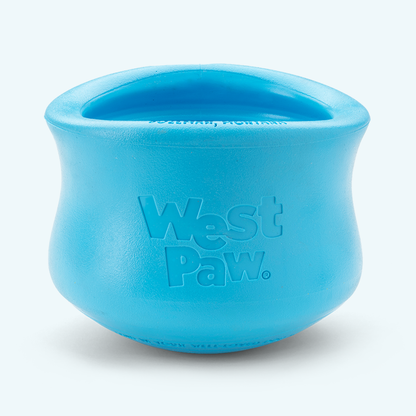 Light blue silicone dog treat toy bowl with embossed West Paw logo