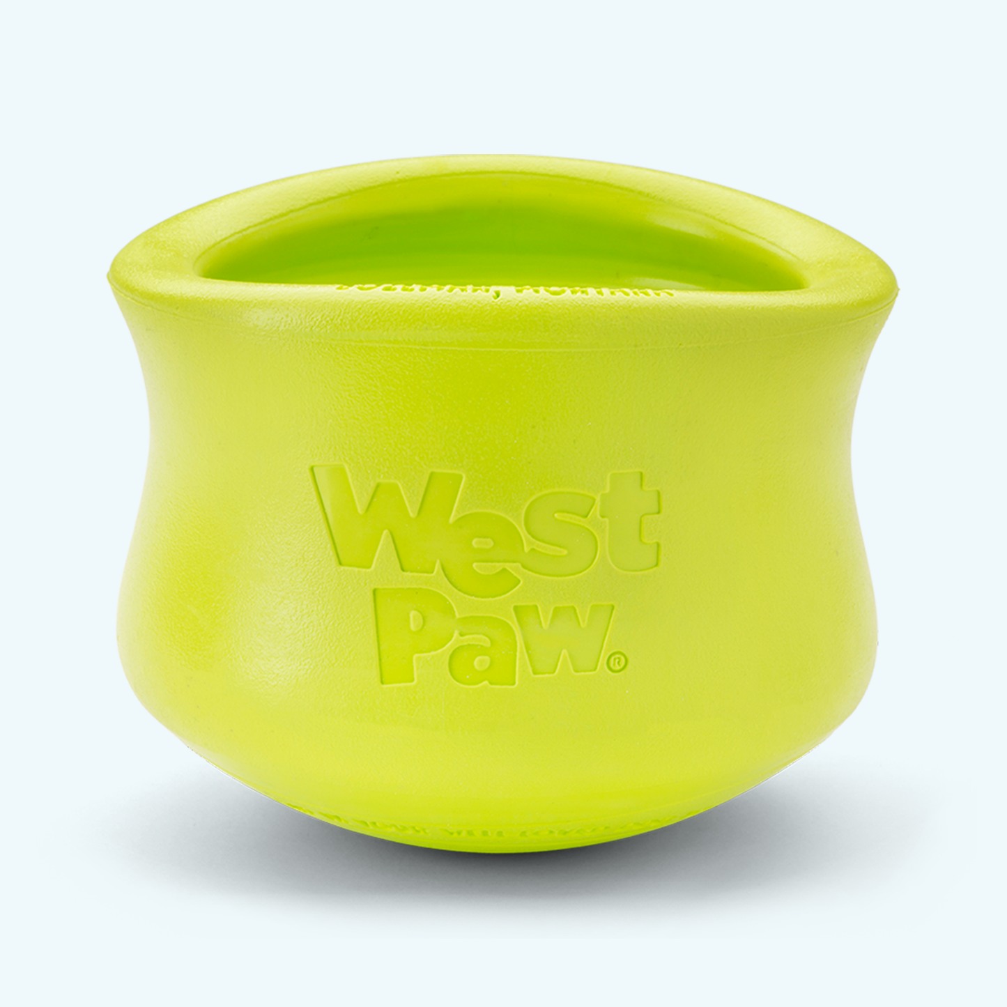 Lime green silicone dog treat toy bowl with embossed West Paw logo