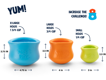Silicone treat dispenser set with circular-hole bowls in blue, orange, and green