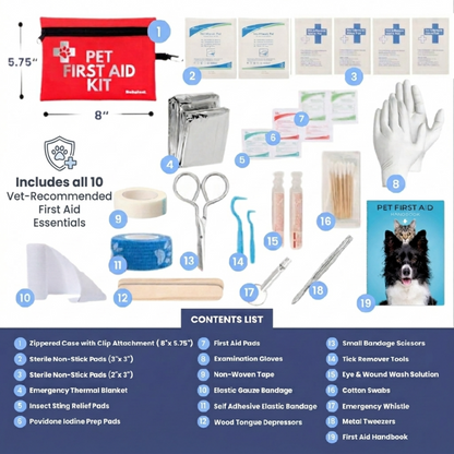 Pet first aid kit pouch with paw logo and included supplies list