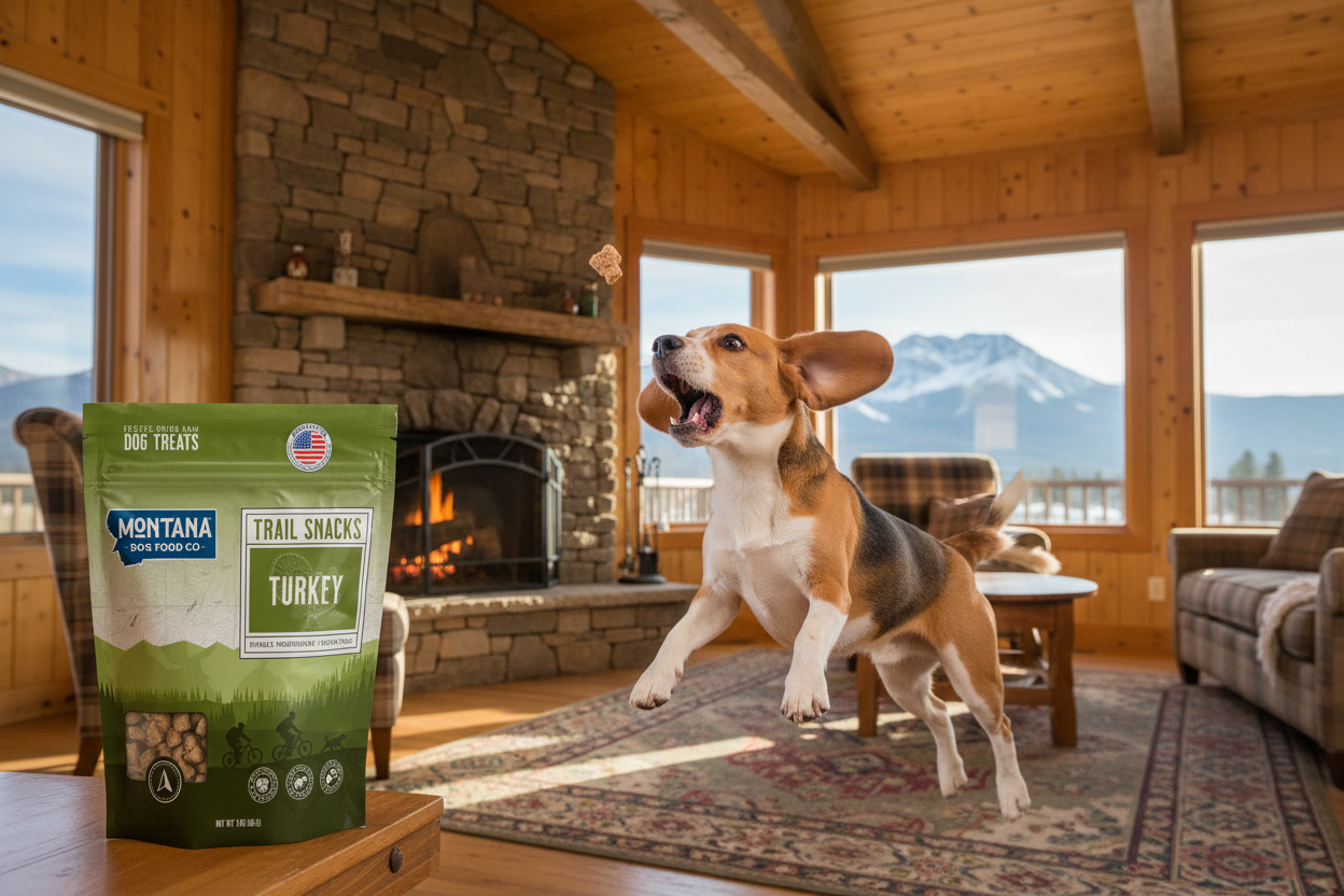 Freeze-dried raw turkey dog treat bag with ideal for training seal and icons.